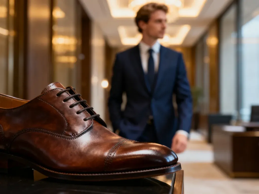 Eleganckie brązowe oksfordy zestawione z granatowym garniturem w profesjonalnym biurowym otoczeniu.