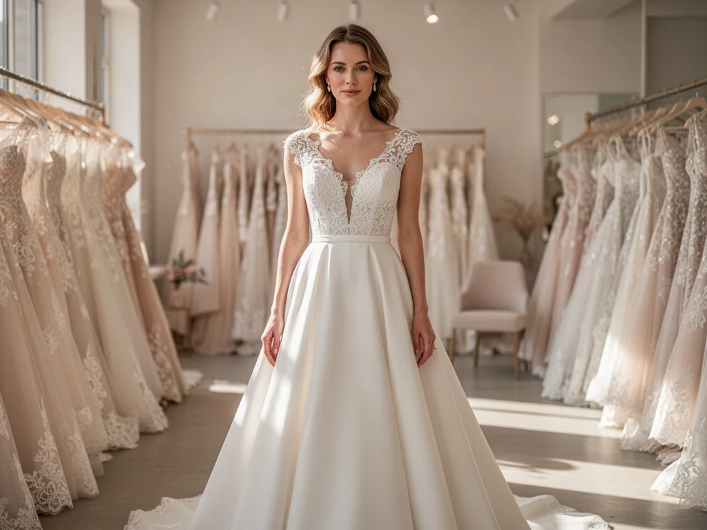 Elegancka suknia ślubna o kroju litery A, która optycznie wyszczupla sylwetkę plus size w jasnym salonie ślubnym.