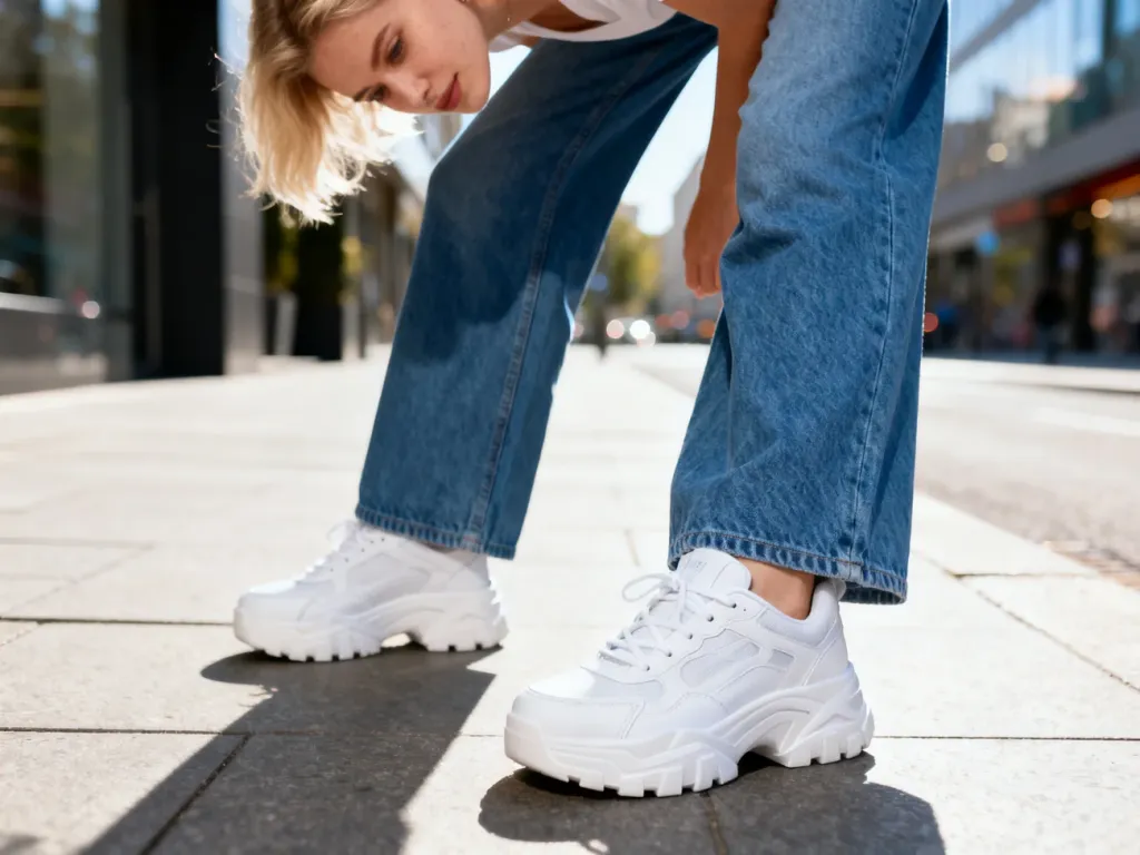 Kobieta w szerokich jeansach i masywnych białych sneakersach stojąca na miejskim chodniku. Stylizacja w duchu mody ulicznej.