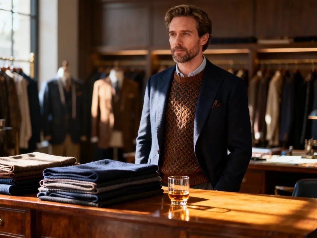 Elegancki mężczyzna w swetrze i marynarce w nowoczesnym atelier, podkreślający wyrafinowany styl marki Scotch & Soda.