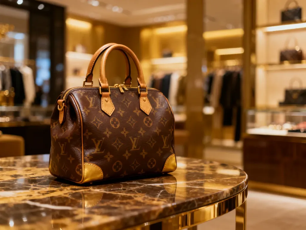 Luksusowa skórzana torebka Louis Vuitton na marmurowym blacie w eleganckim wnętrzu butiku.