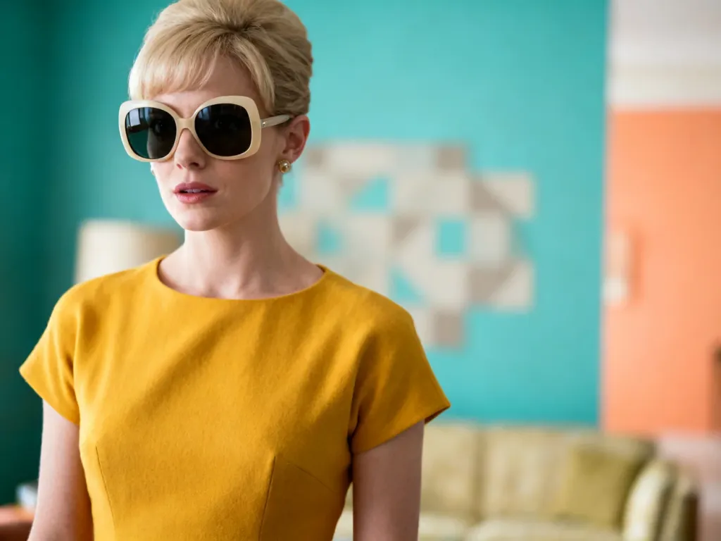 Kobieta w sukience typu shift i okularach przeciwsłonecznych, prezentująca styl lat 60. na tle wnętrza mid-century modern.
