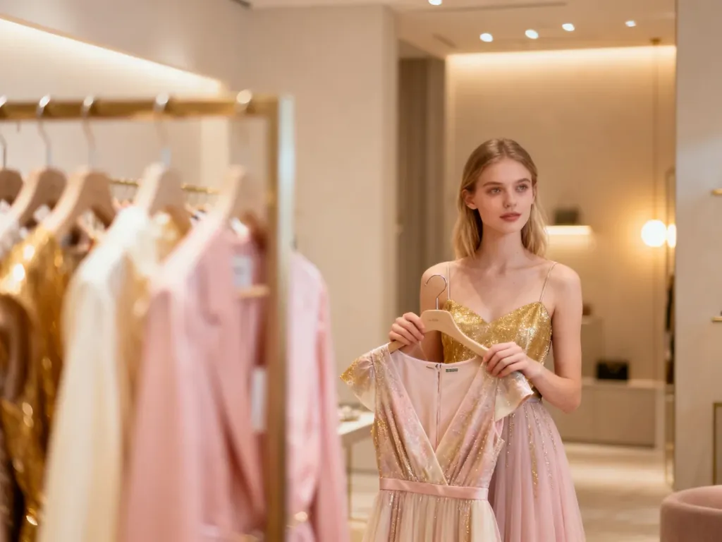 Młoda kobieta w eleganckim butiku wybiera koktajlową sukienkę na przyjęcie urodzinowe.