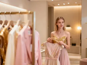 Elegancka kobieta w bordowej sukience prezentuje stylizację z czarnymi, półprzezroczystymi rajstopami i klasycznymi szpilkami.
